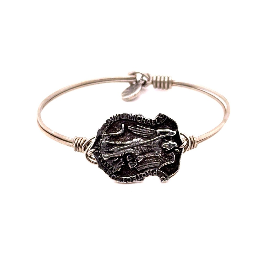 Luca and Dani St Michael Bangle Bracelet Silver Tone Saint Medallion USA Made